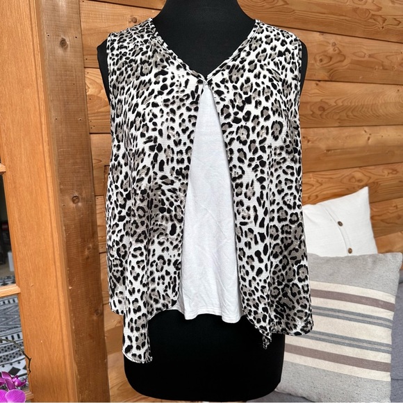 GREEN ENVELOPE LA Flowy Leopard Print‎ Asymmetrical Sleeveless Mob Wife Blouse M - Picture 4 of 12